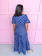 Jincy's Women's Boutique Clothing Back To School Bright Puff Sleeve Navy and White Multi Polka Dot Midi Maxi Dress Light Weight Teacher Attire 