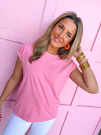 Jincy's Women's Boutique Clothing Back To School Elevated Basics Pink Fuchsia Short Sleeve Top Crochet Details Light Weight Teacher Attire
