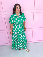 Jincy's Women's Boutique Clothing Back To School Bright Puff Sleeve Green and Pink Polka Dot Midi Maxi Dress Light Weight Teacher Attire