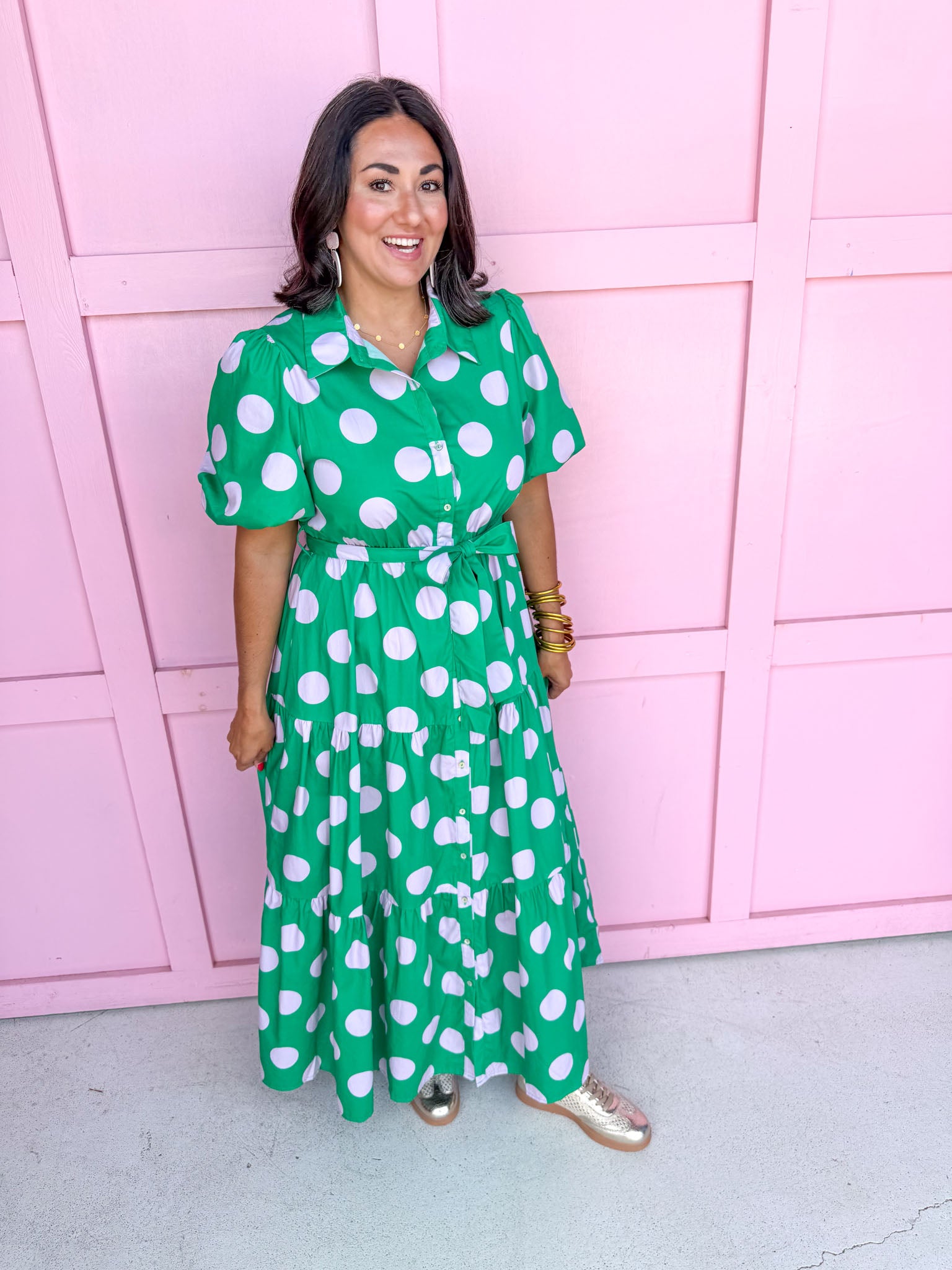 Jincy's Women's Boutique Clothing Back To School Bright Puff Sleeve Green and Pink Polka Dot Midi Maxi Dress Light Weight Teacher Attire