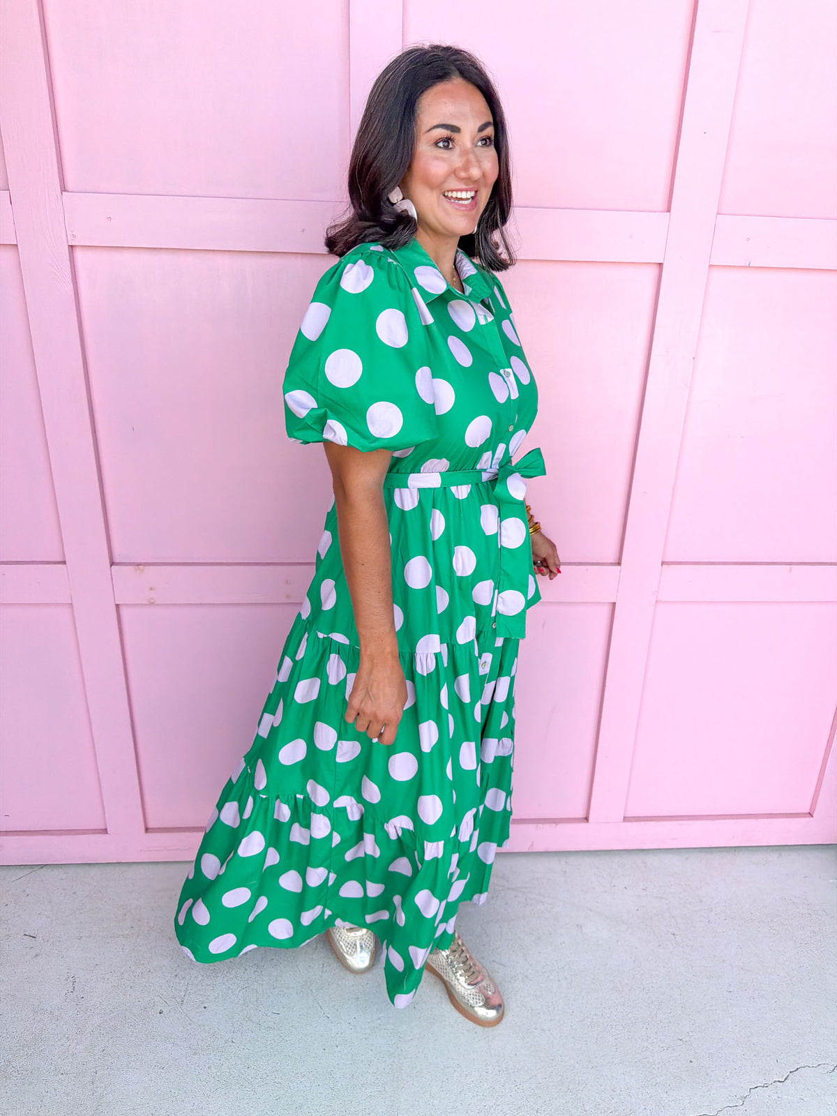 Jincy's Women's Boutique Clothing Back To School Bright Puff Sleeve Green and Pink Polka Dot Midi Maxi Dress Light Weight Teacher Attire