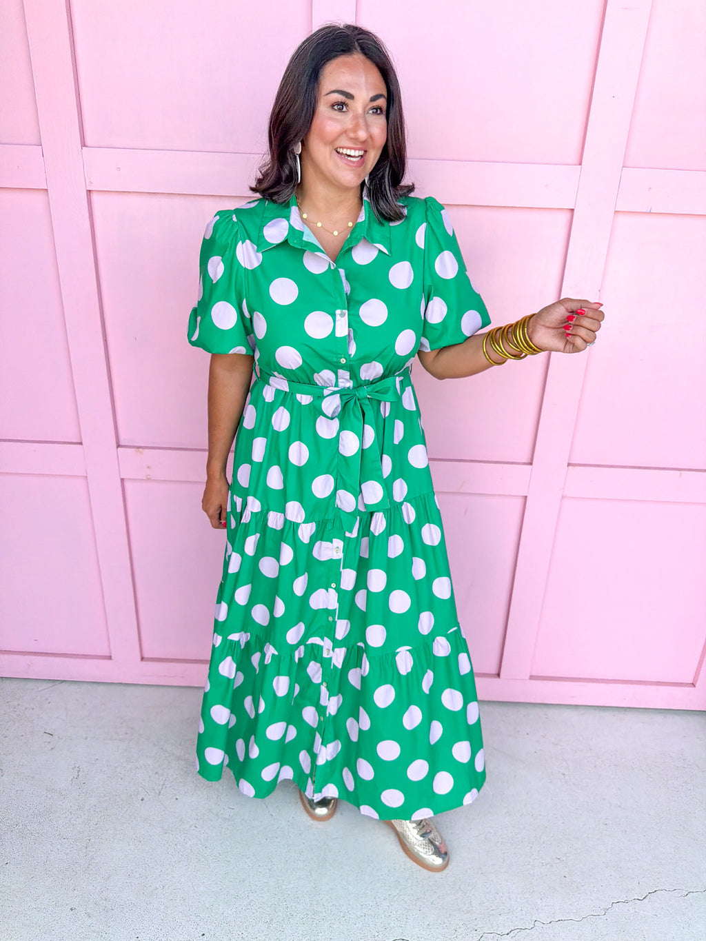 Jincy's Women's Boutique Clothing Back To School Bright Puff Sleeve Green and Pink Polka Dot Midi Maxi Dress Light Weight Teacher Attire
