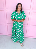 Jincy's Women's Boutique Clothing Back To School Bright Puff Sleeve Green and Pink Polka Dot Midi Maxi Dress Light Weight Teacher Attire