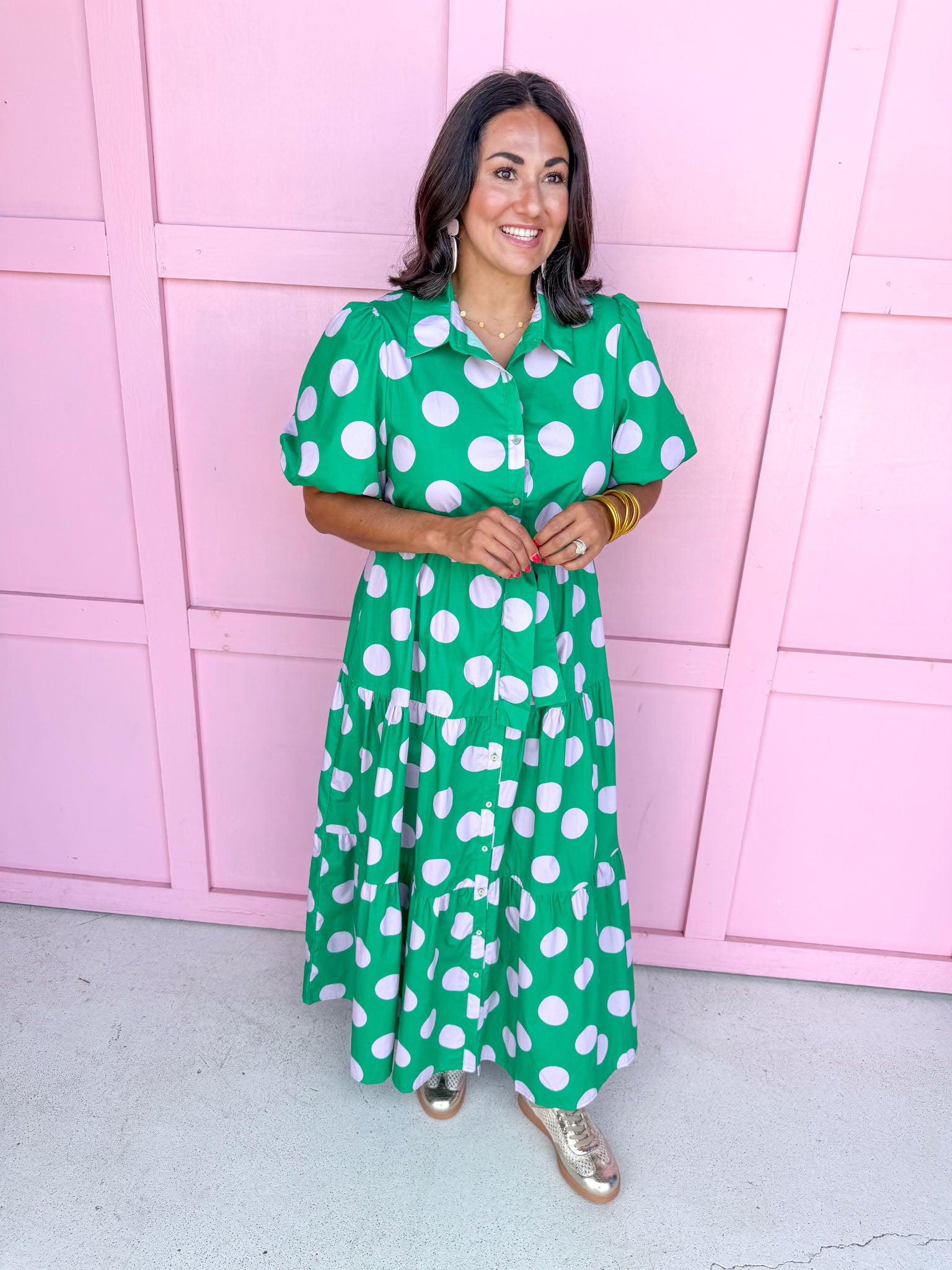 Jincy's Women's Boutique Clothing Back To School Bright Puff Sleeve Green and Pink Polka Dot Midi Maxi Dress Light Weight Teacher Attire