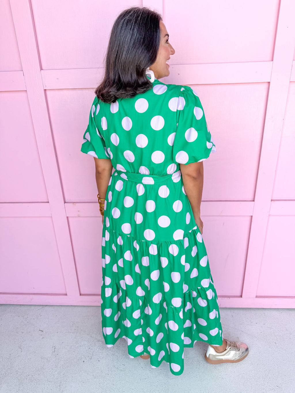 Jincy's Women's Boutique Clothing Back To School Bright Puff Sleeve Green and Pink Polka Dot Midi Maxi Dress Light Weight Teacher Attire