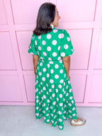 Jincy's Women's Boutique Clothing Back To School Bright Puff Sleeve Green and Pink Polka Dot Midi Maxi Dress Light Weight Teacher Attire
