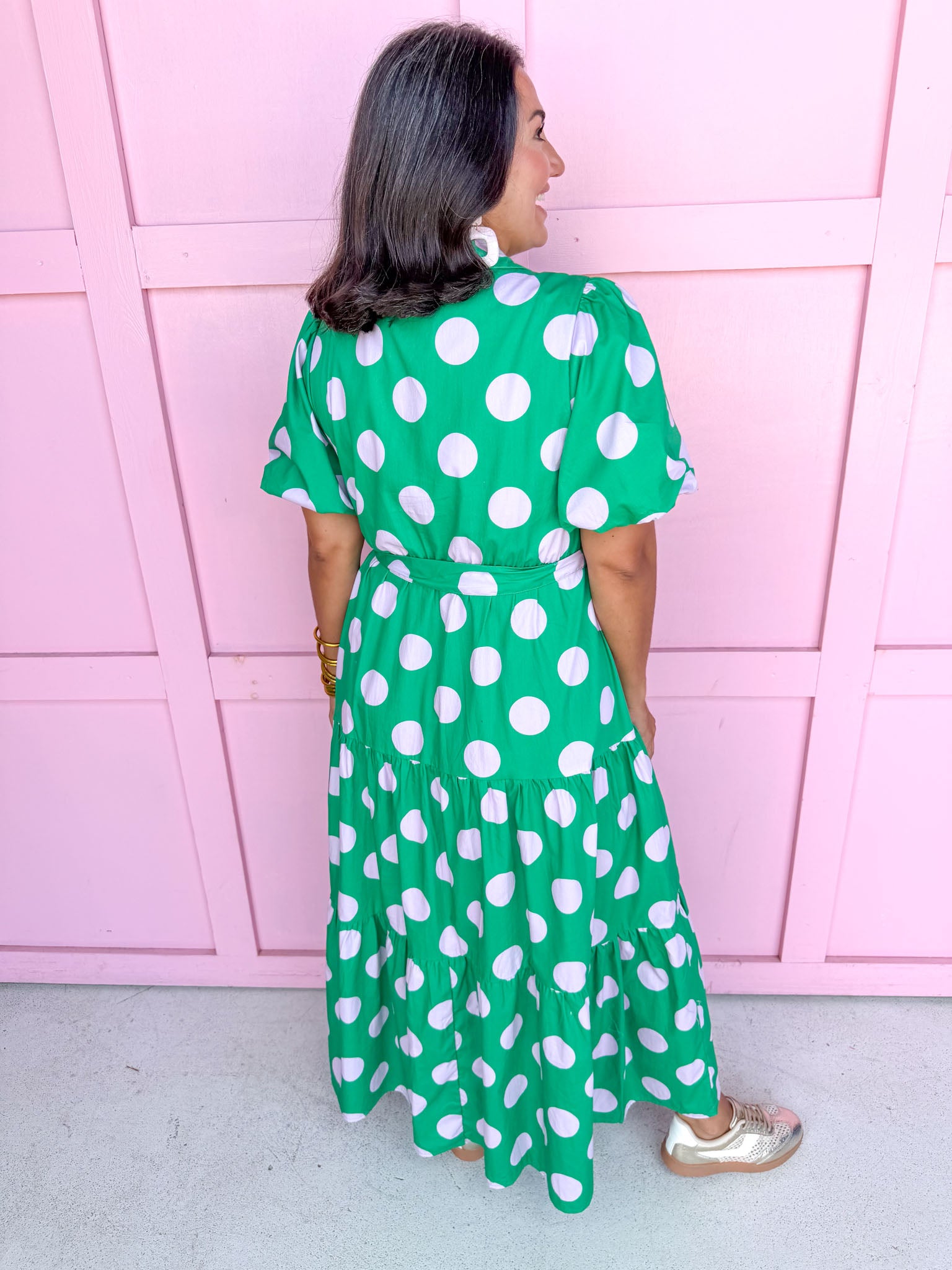 Jincy's Women's Boutique Clothing Back To School Bright Puff Sleeve Green and Pink Polka Dot Midi Maxi Dress Light Weight Teacher Attire