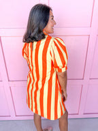 Jincy's Women's Boutique Clothing Back To School Bright Puff Sleeve Orange and Yellow Stripe Mini Dress Light Weight Teacher Attire 
