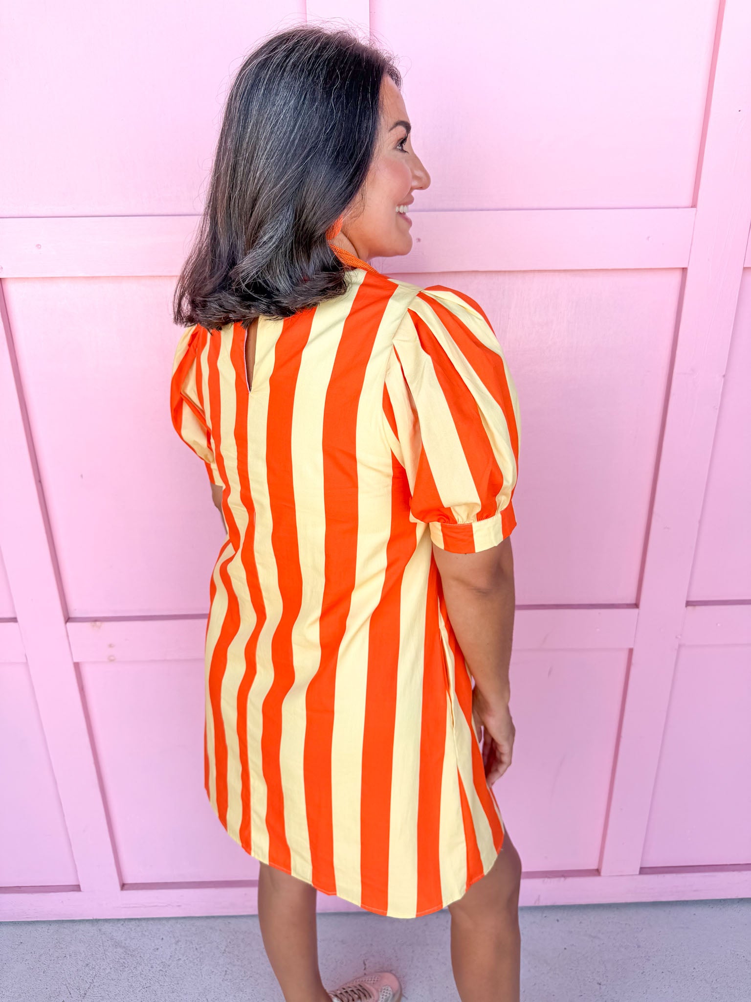 Jincy's Women's Boutique Clothing Back To School Bright Puff Sleeve Orange and Yellow Stripe Mini Dress Light Weight Teacher Attire 