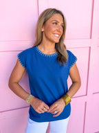 Jincy's Women's Boutique Clothing Back To School Elevated Basics Navy Short Sleeve Top Crochet Details Light Weight Teacher Attire