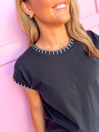 Jincy's Women's Boutique Clothing Back To School Elevated Basics Black Short Sleeve Top Crochet Details Light Weight Teacher Attire