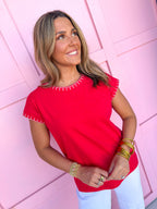 Jincy's Women's Boutique Clothing Back To School Elevated Basics Red Short Sleeve Top Crochet Details Light Weight Teacher Attire