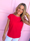 Jincy's Women's Boutique Clothing Back To School Elevated Basics Red Short Sleeve Top Crochet Details Light Weight Teacher Attire