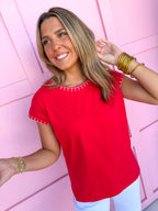 Jincy's Women's Boutique Clothing Back To School Elevated Basics Red Short Sleeve Top Crochet Details Light Weight Teacher Attire