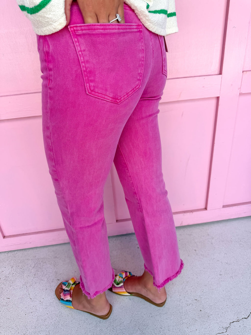 Acid Wash High Waist Boot Cut Pants - Hot Pink