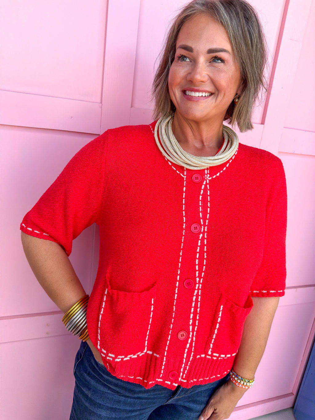 Buttoned & Stitched Top - Red