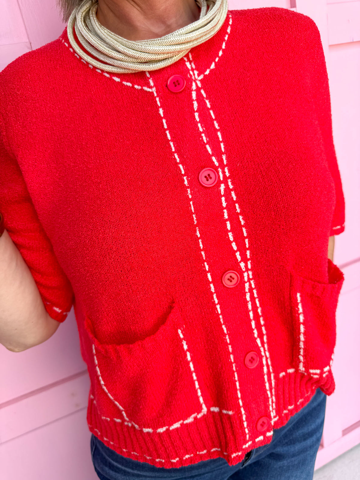 Buttoned & Stitched Top - Red