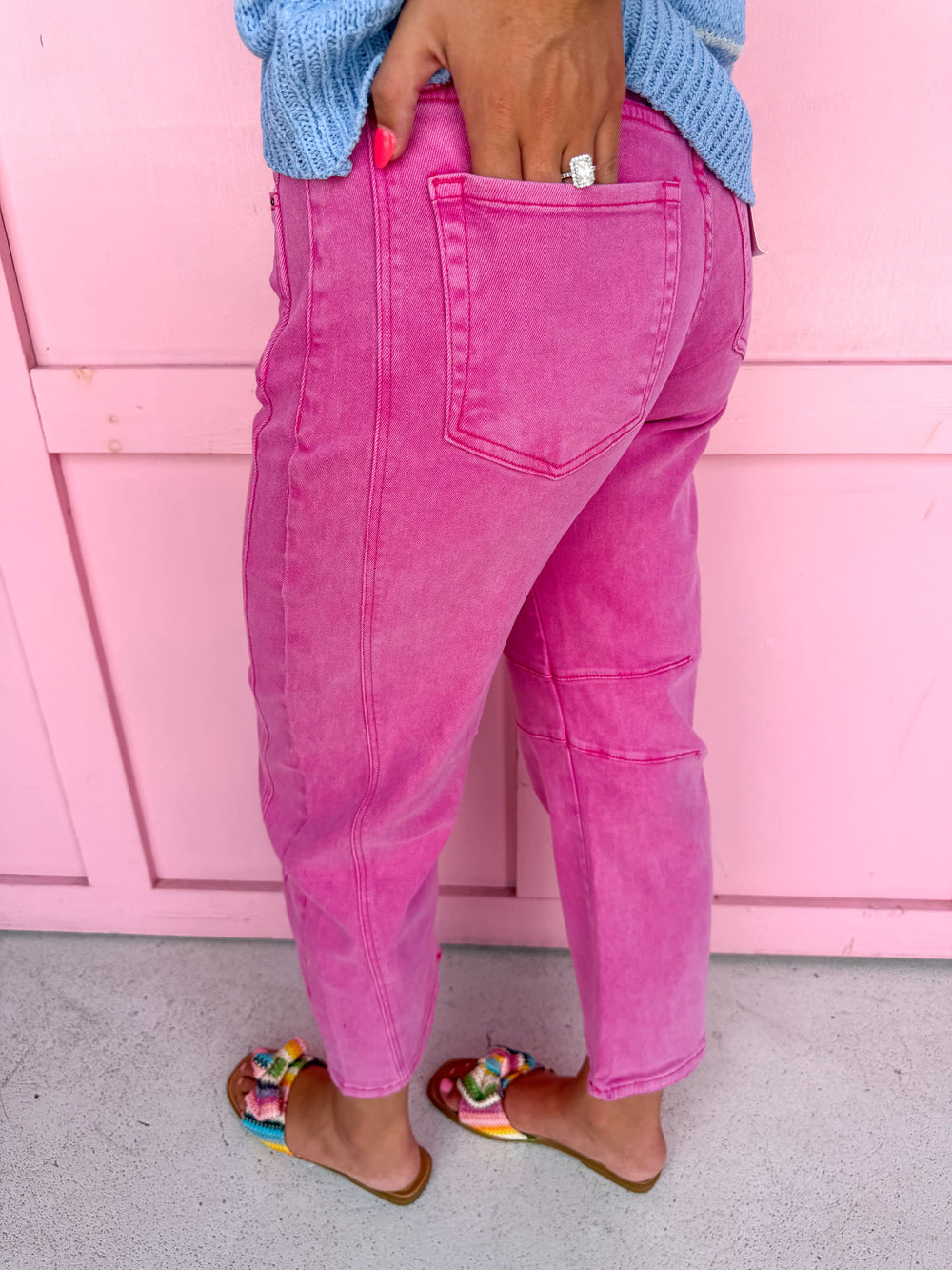 Acid Wash Barrel Leg Pants - Hot Pink