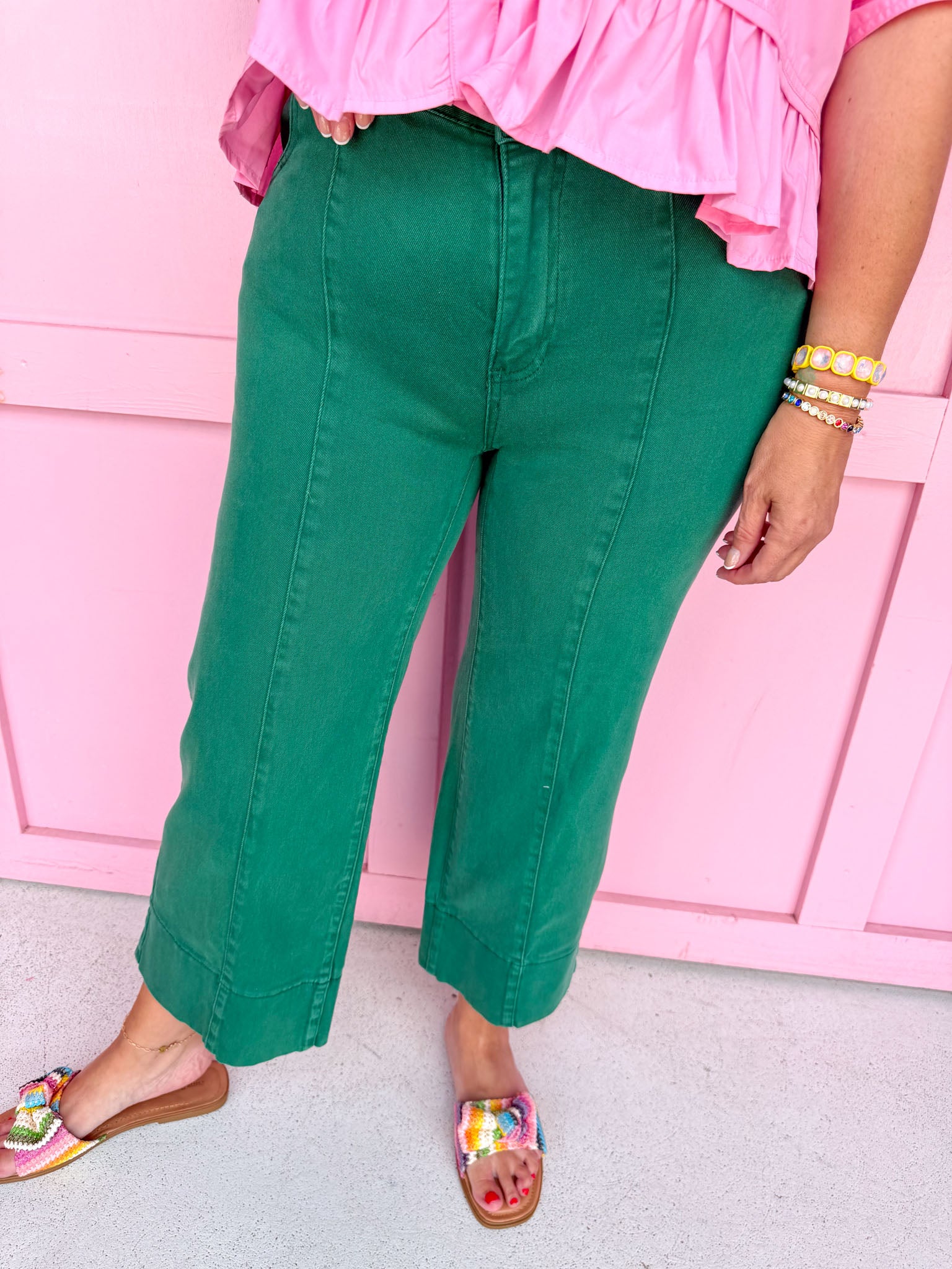 Acid Wash Mid-Rise Wide Leg Cropped Pants - Dark Green