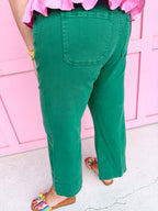 Acid Wash Mid-Rise Wide Leg Cropped Pants - Dark Green