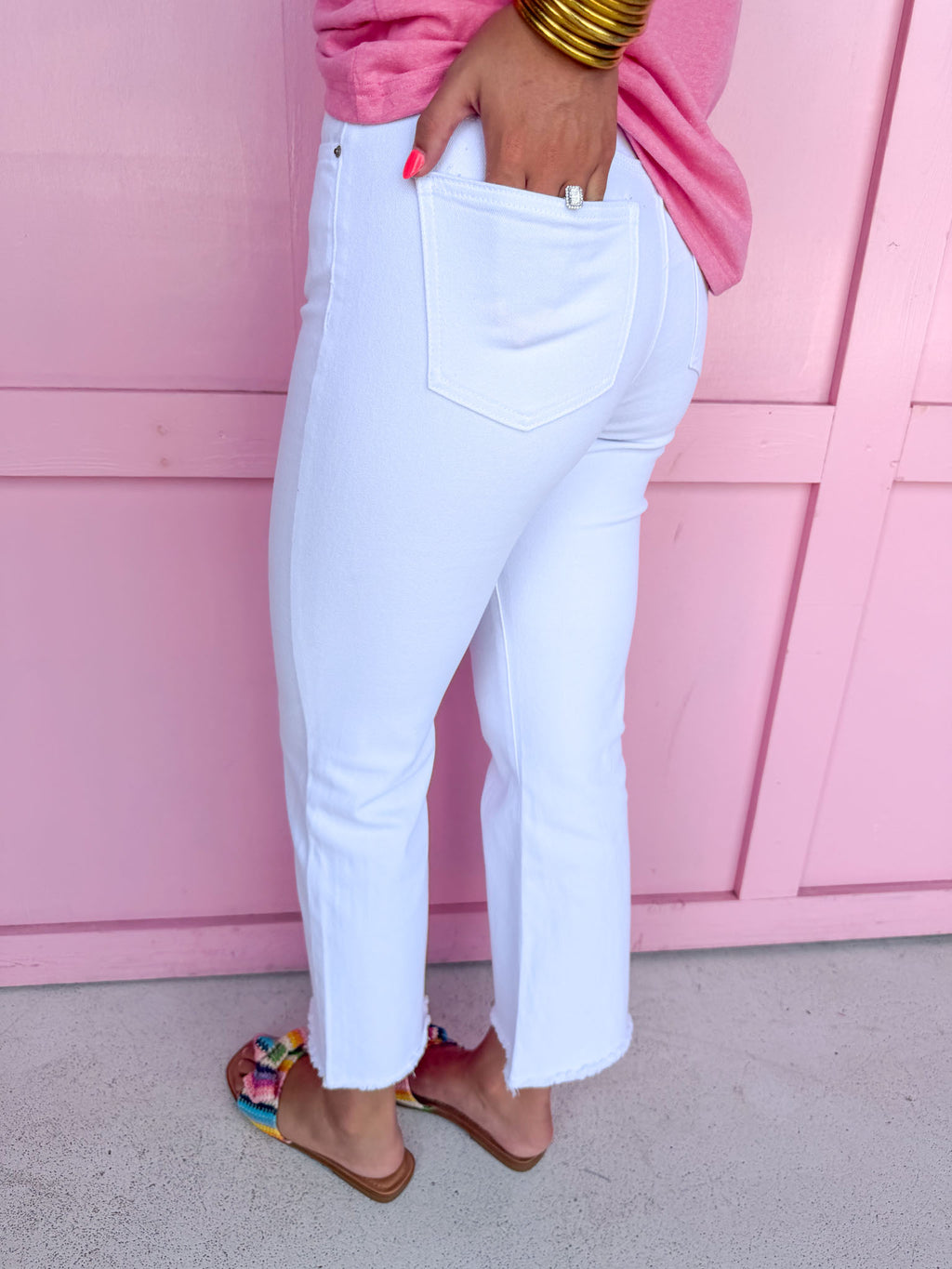 Acid Wash High Waist Boot Cut Pants - White