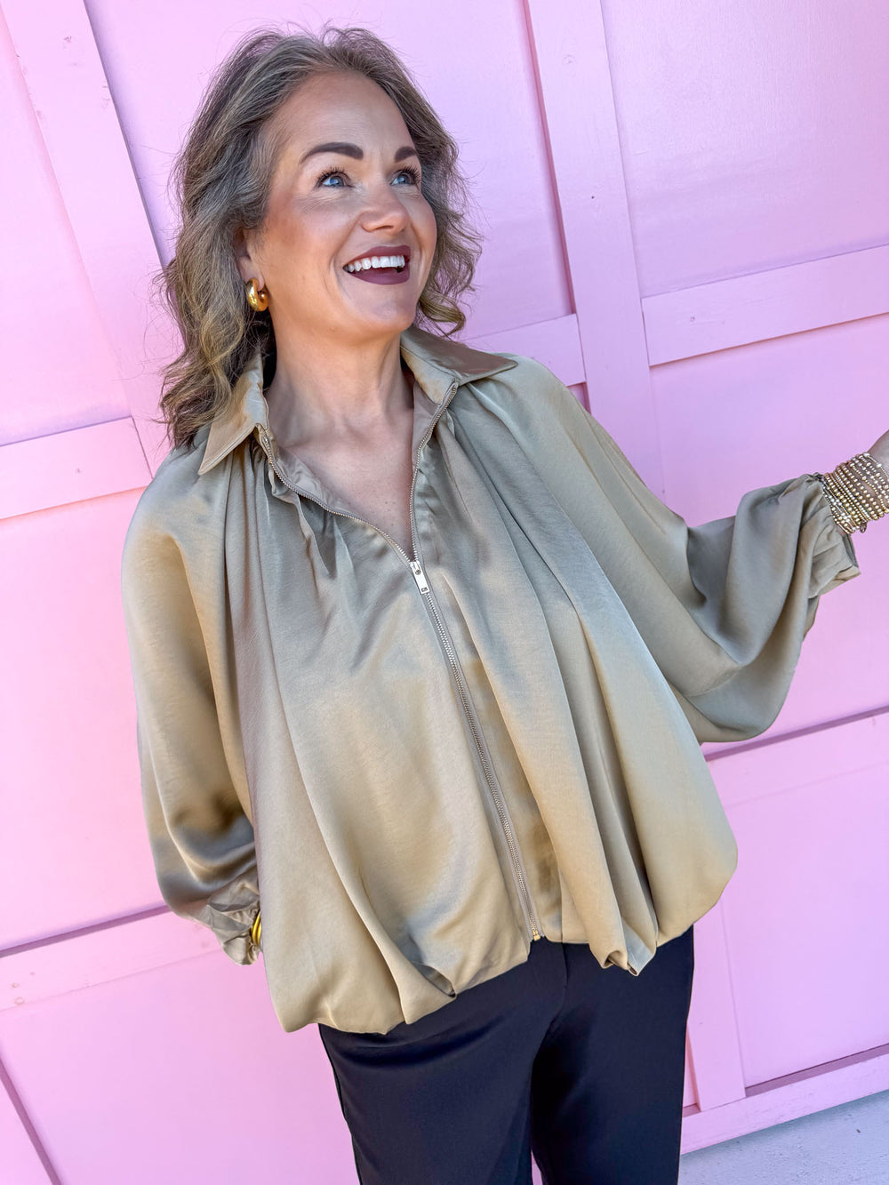 Stone & Satin Bomber Jacket zip front has pockets balloon sleeves collared womens boutique jincy's