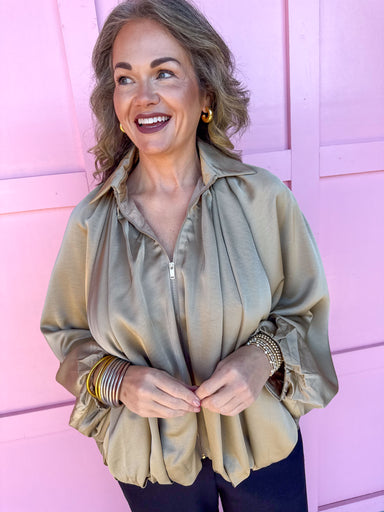 Stone & Satin Bomber Jacket zip front has pockets balloon sleeves collared womens boutique jincy's