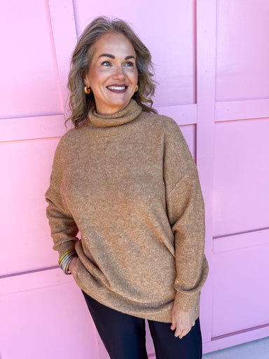 Jincy's Women's Boutique Winter Styles Holiday Brown Turtleneck with Sequins