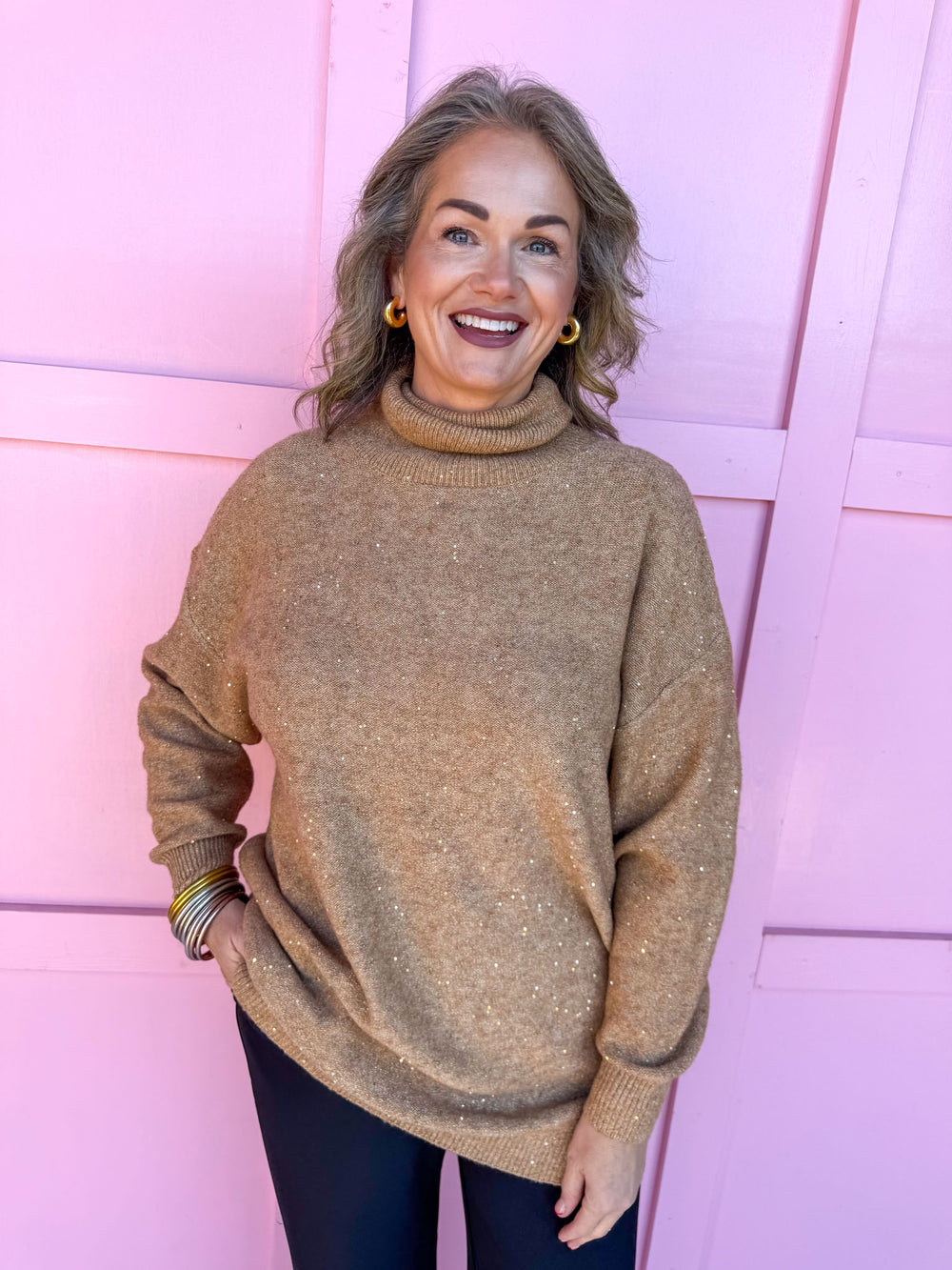 Jincy's Women's Boutique Winter Styles Holiday Brown Turtleneck with Sequins