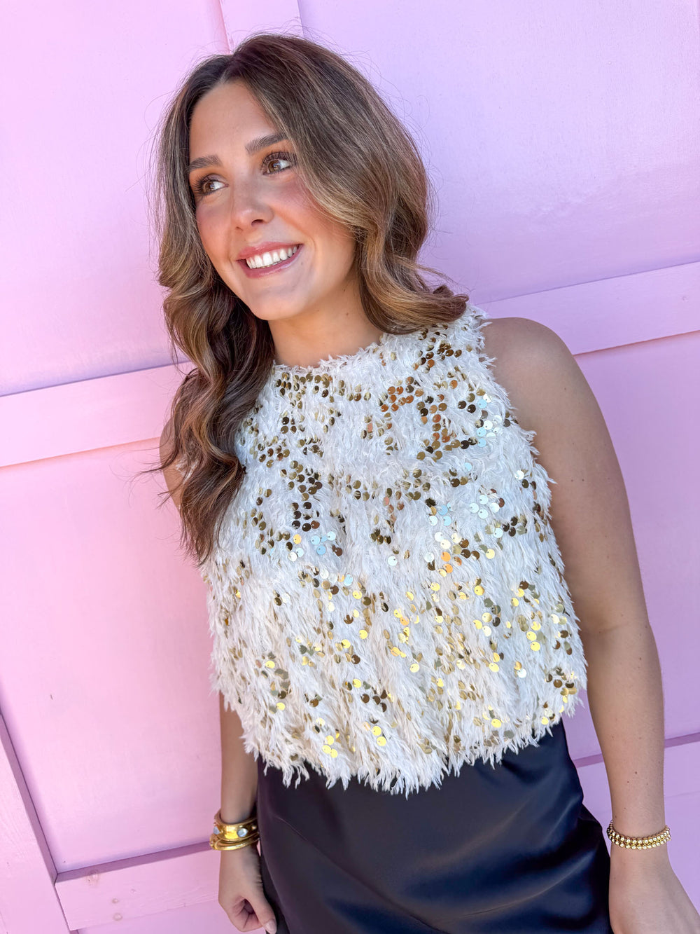 Crew Neckline Feather Like Embellishments Gold Sequins womens holiday parties boutique jincy's