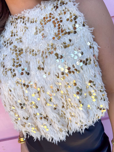 Crew Neckline Feather Like Embellishments Gold Sequins womens holiday parties boutique jincy's