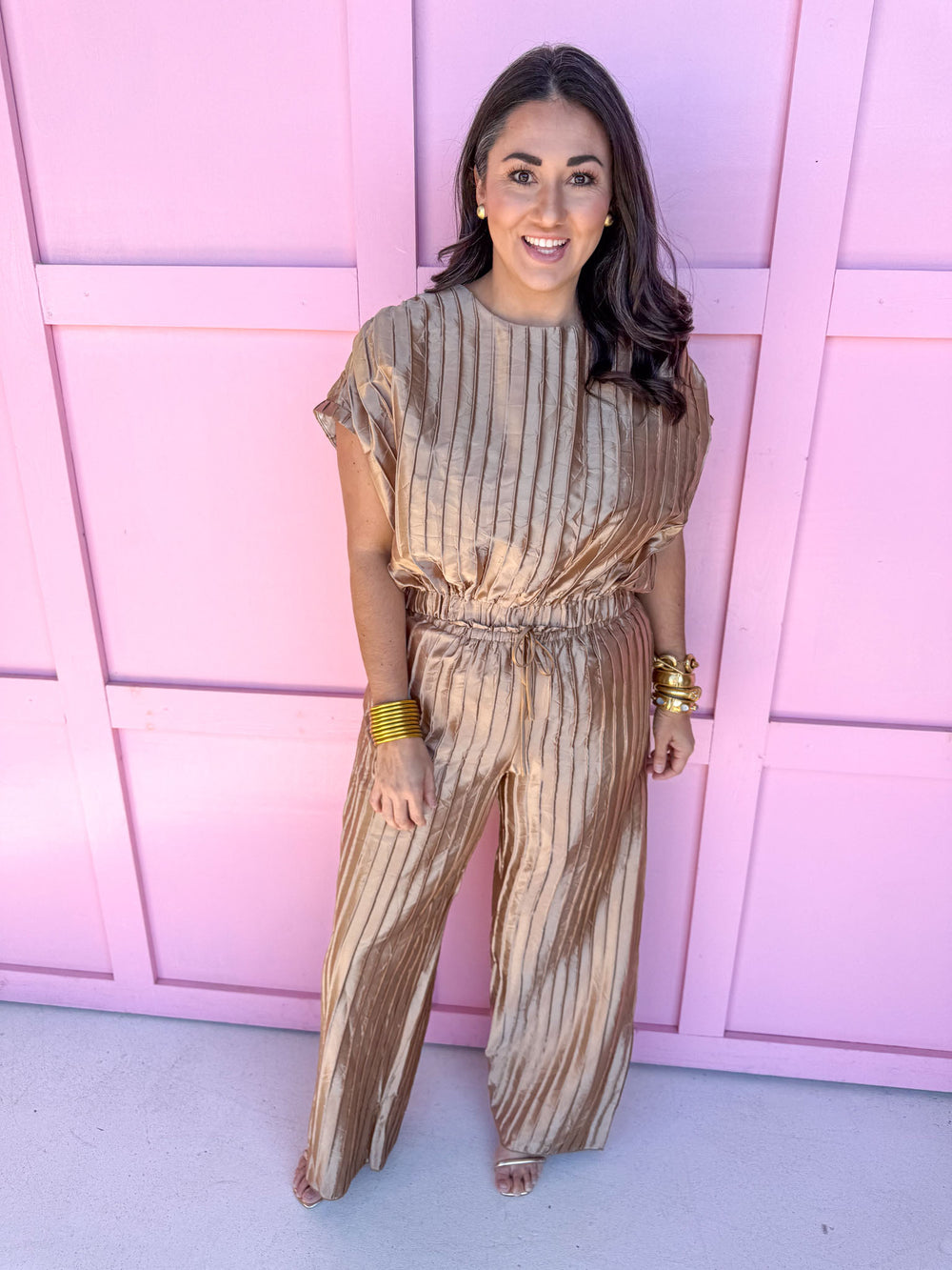 Glamour & Shine Set Gold dressy party attire top & bottom womens boutique jincy's 