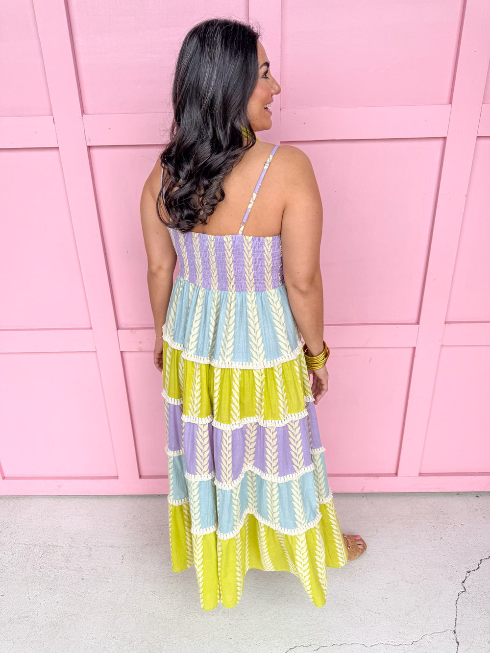 womens boutique block dress tiered spring adjustable straps smocked top purple blue green white jincy's