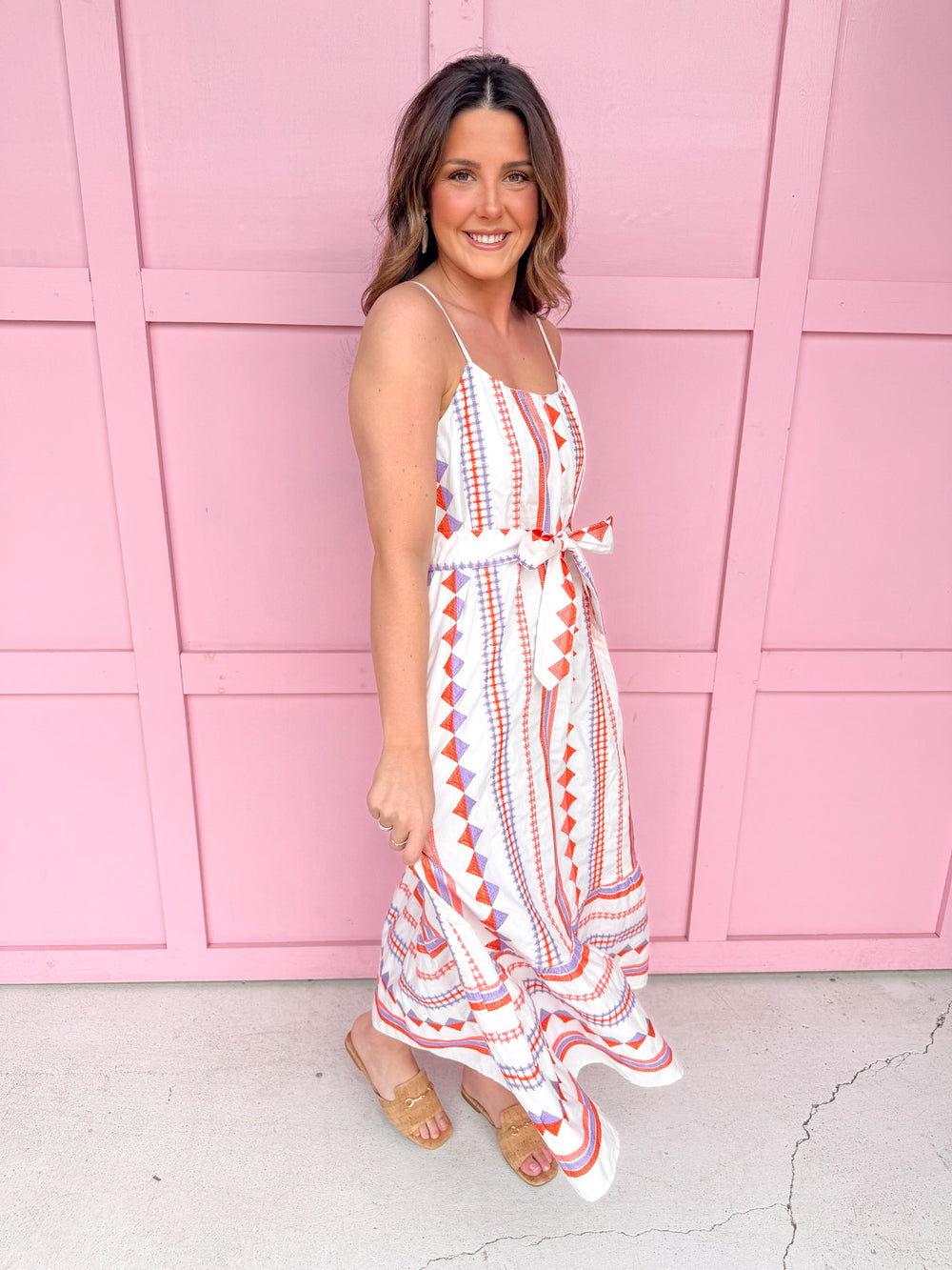 womens boutique dress thin straps midi length pockets orange purple waist tie jincy's