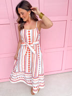 womens boutique dress thin straps midi length pockets orange purple waist tie jincy's