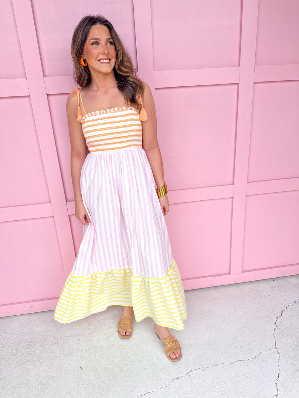 womens boutique dress stripes tie shoulders orange pink yellow white lined jincy's