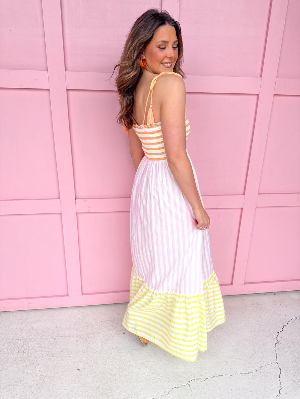 womens boutique dress stripes tie shoulders orange pink yellow white lined jincy's