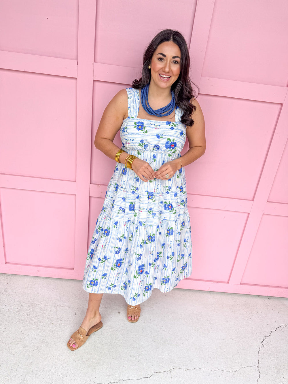 womens boutique dress floral blues whites oranges tiered lined jincy's