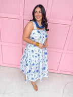 womens boutique dress floral blues whites oranges tiered lined jincy's