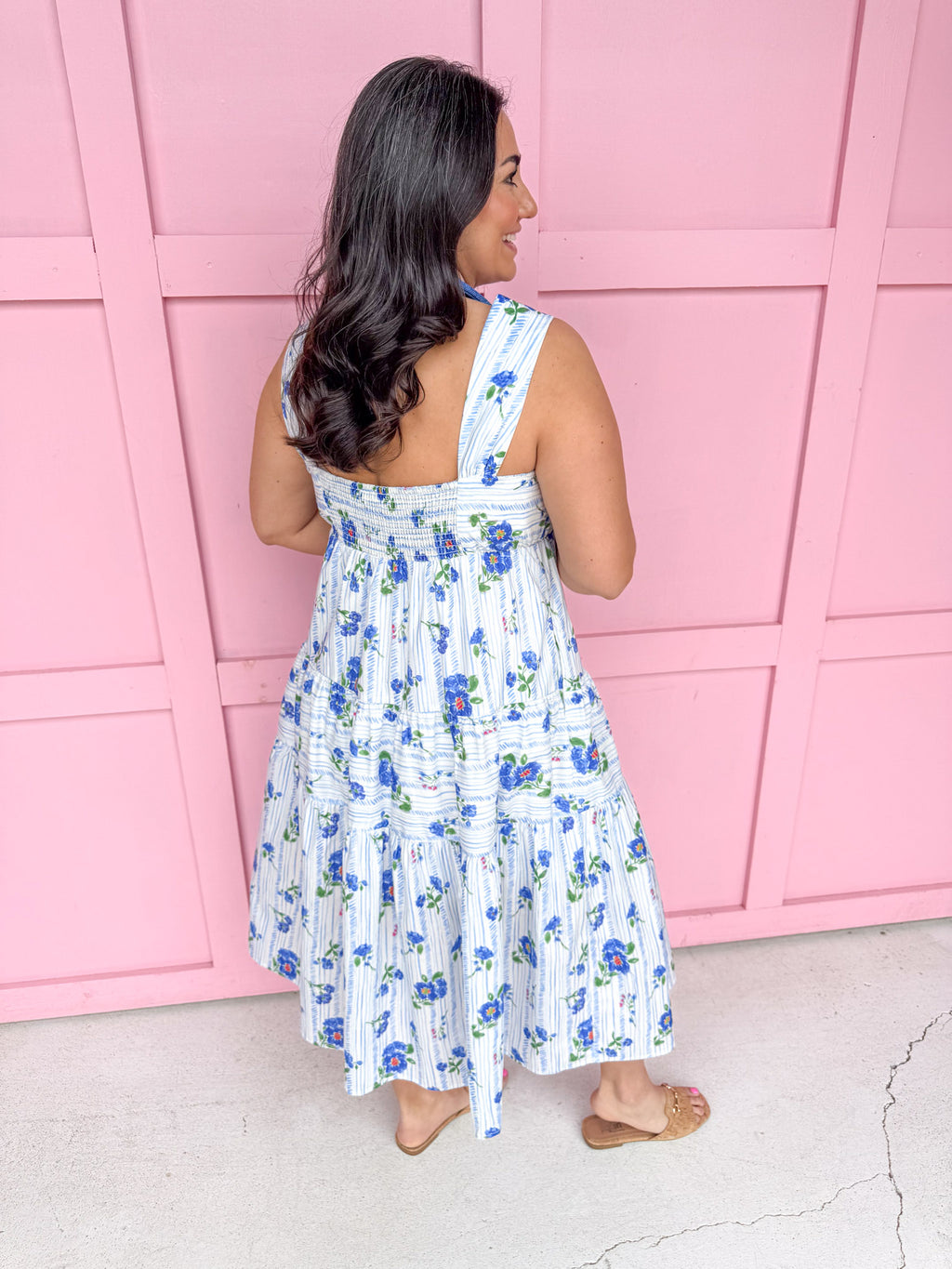 womens boutique dress floral blues whites oranges tiered lined jincy's