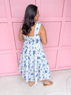 womens boutique dress floral blues whites oranges tiered lined jincy's