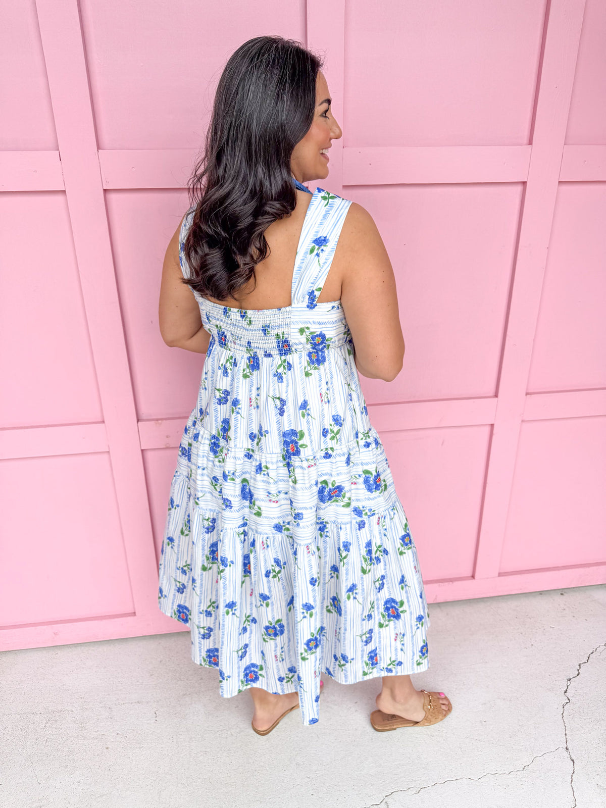 womens boutique dress floral blues whites oranges tiered lined jincy's