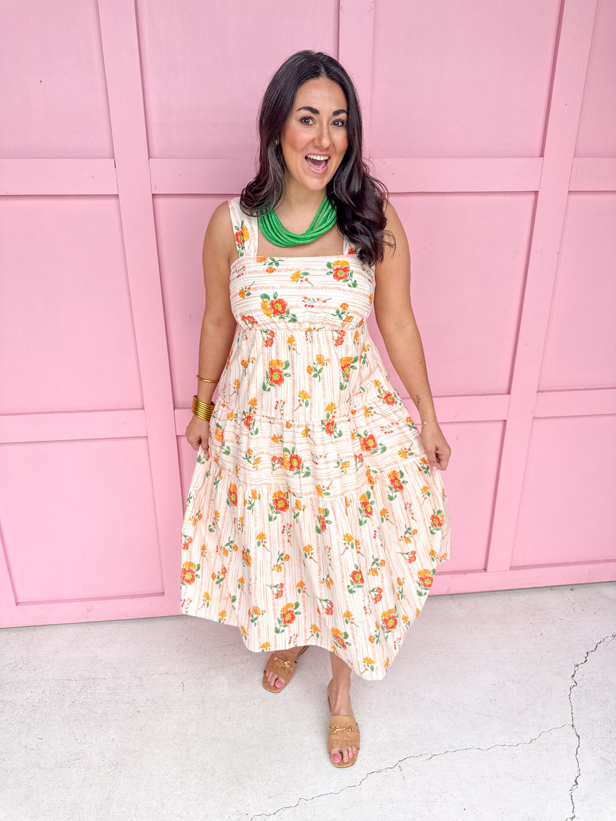 womens boutique dress floral whites oranges tiered lined jincy's