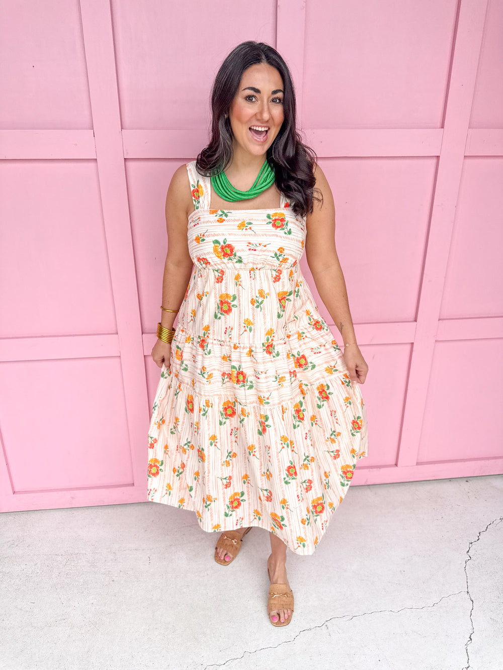 womens boutique dress floral whites oranges tiered lined jincy's