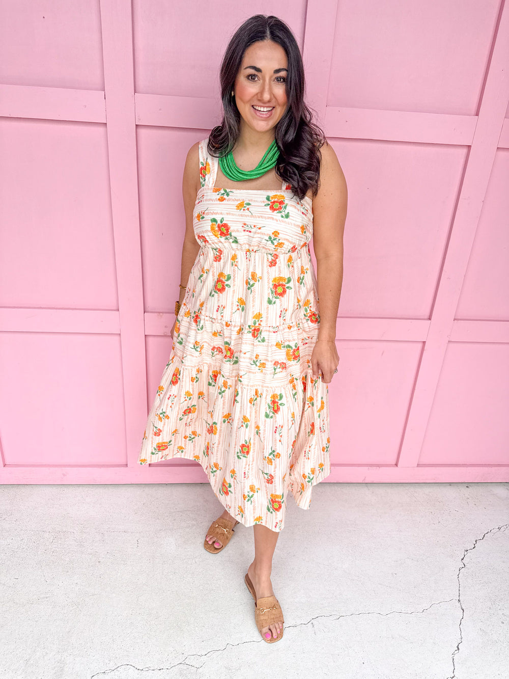 womens boutique dress floral whites oranges tiered lined jincy's