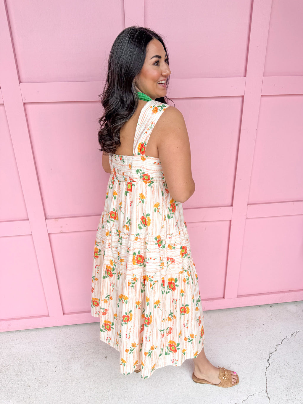 womens boutique dress floral whites oranges tiered lined jincy's