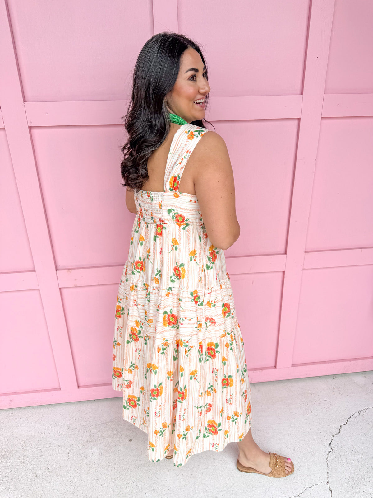 womens boutique dress floral whites oranges tiered lined jincy's