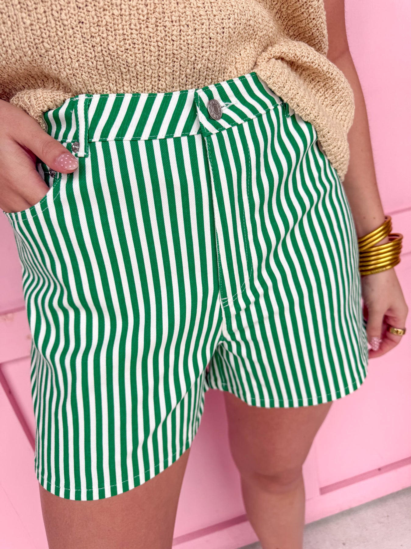 womens boutique green white stripe button pockets shorts jincy's 