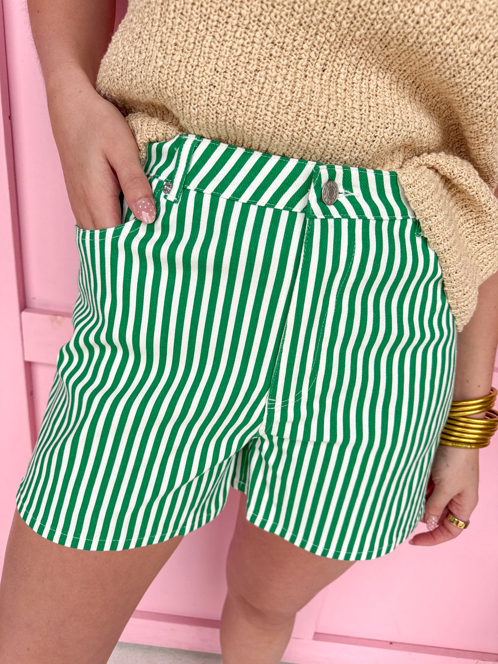 womens boutique green white stripe button pockets shorts jincy's 