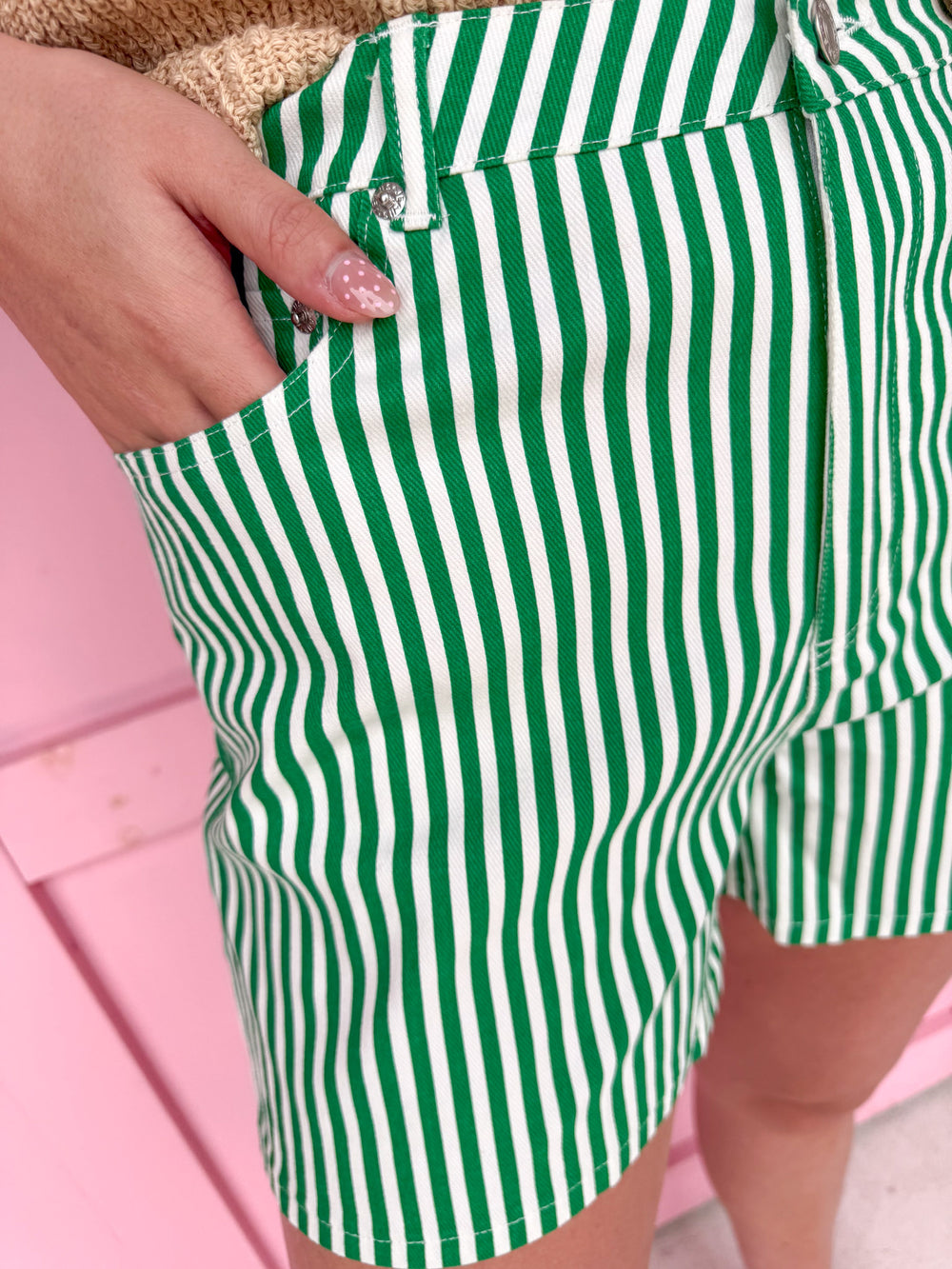 womens boutique green white stripe button pockets shorts jincy's 